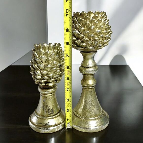 Gold Tone Pine Cone Tea Lite Holders Heavy Resin Set Of 2 Votives - Picture 5 of 7